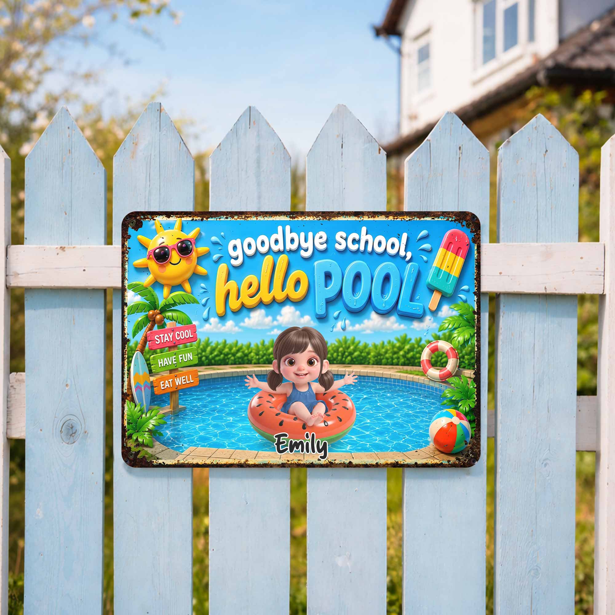 Personalized Metal Sign Goodbye School Hello Pool Custom Name Gift for Kids Metal Sign GradoCreations