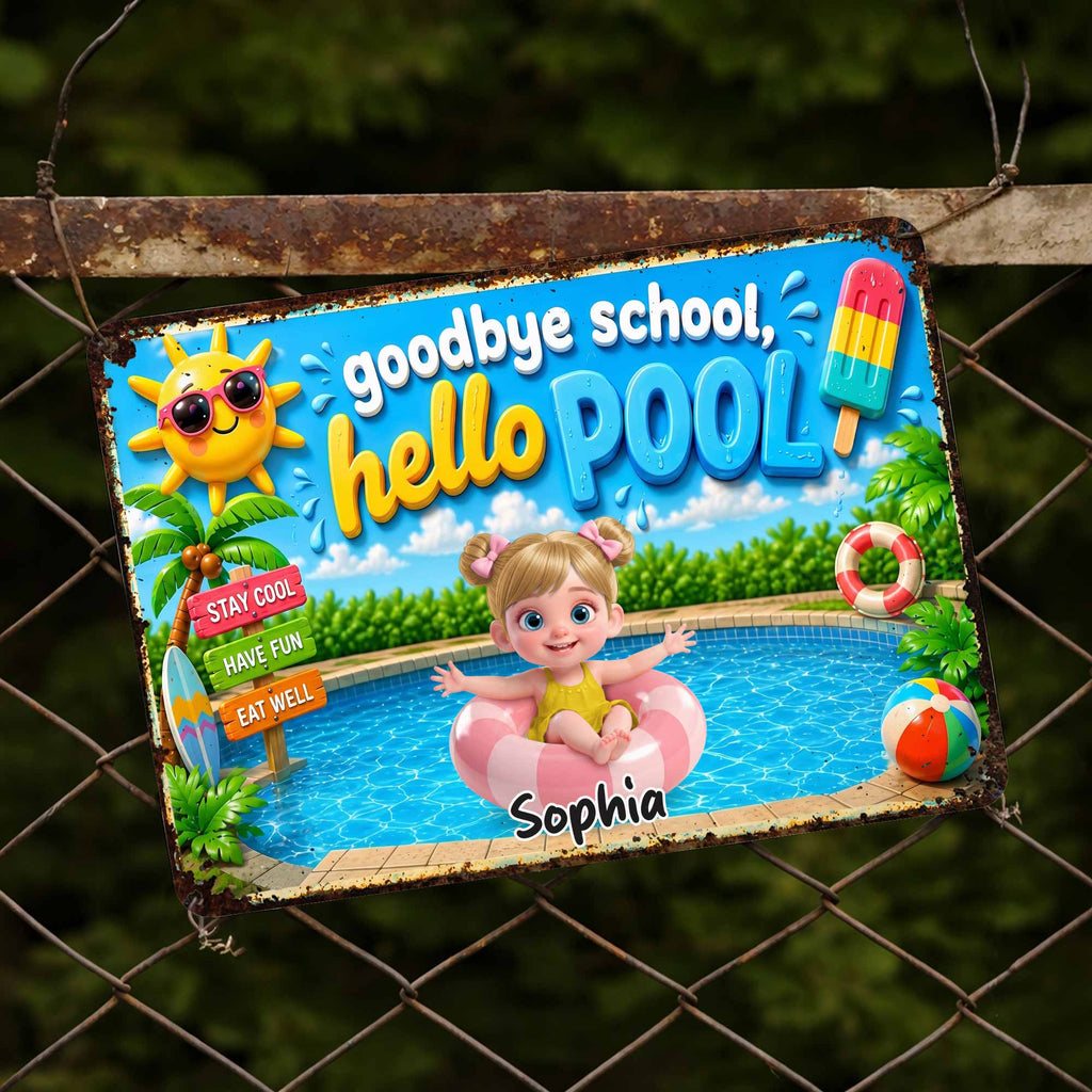 Personalized Metal Sign Goodbye School Hello Pool Custom Name Gift for Kids Metal Sign GradoCreations