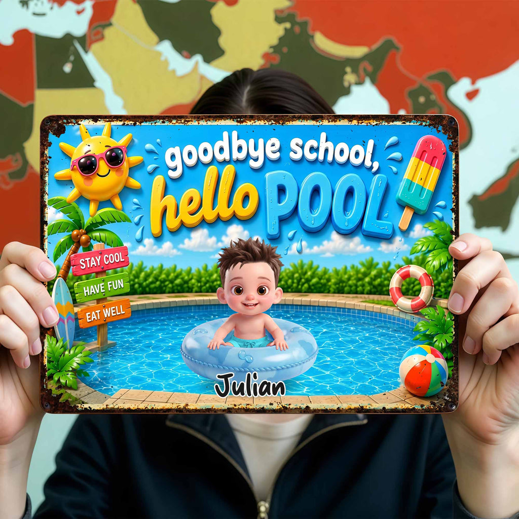 Personalized Metal Sign Goodbye School Hello Pool Custom Name Gift for Kids Metal Sign GradoCreations
