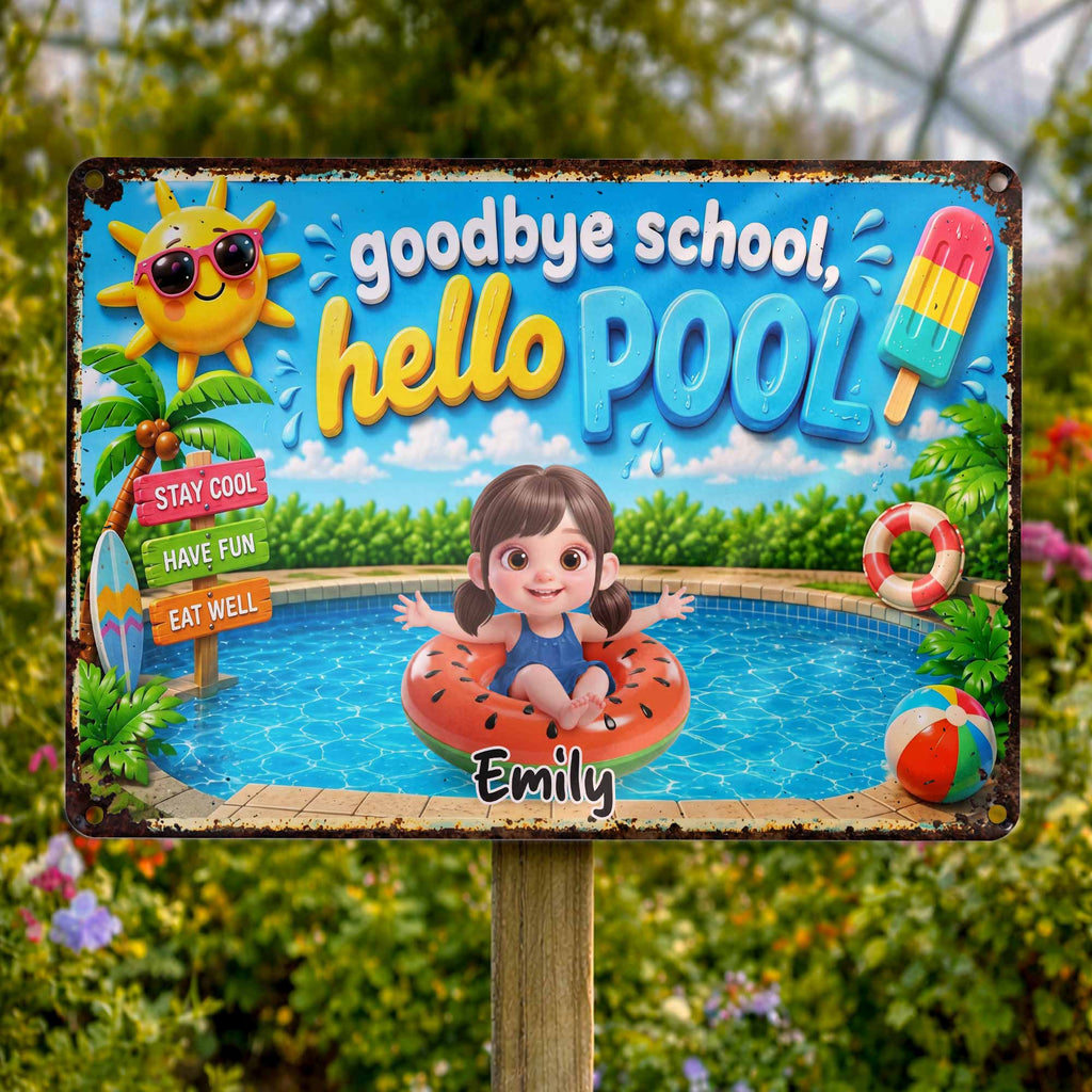 Personalized Metal Sign Goodbye School Hello Pool Custom Name Gift for Kids Metal Sign GradoCreations