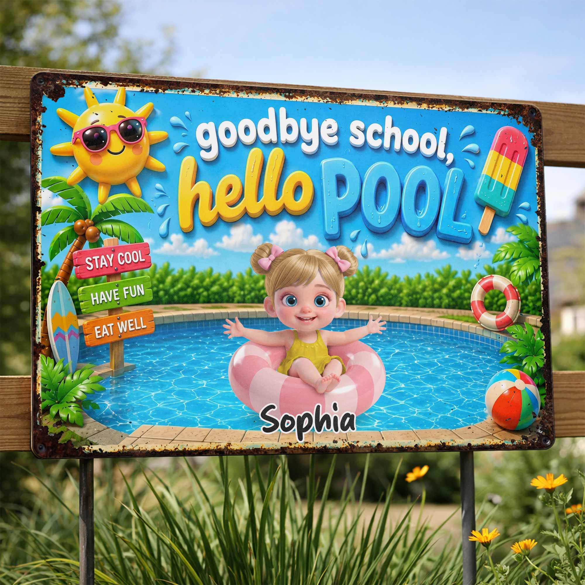 Personalized Metal Sign Goodbye School Hello Pool Custom Name Gift for Kids Metal Sign GradoCreations