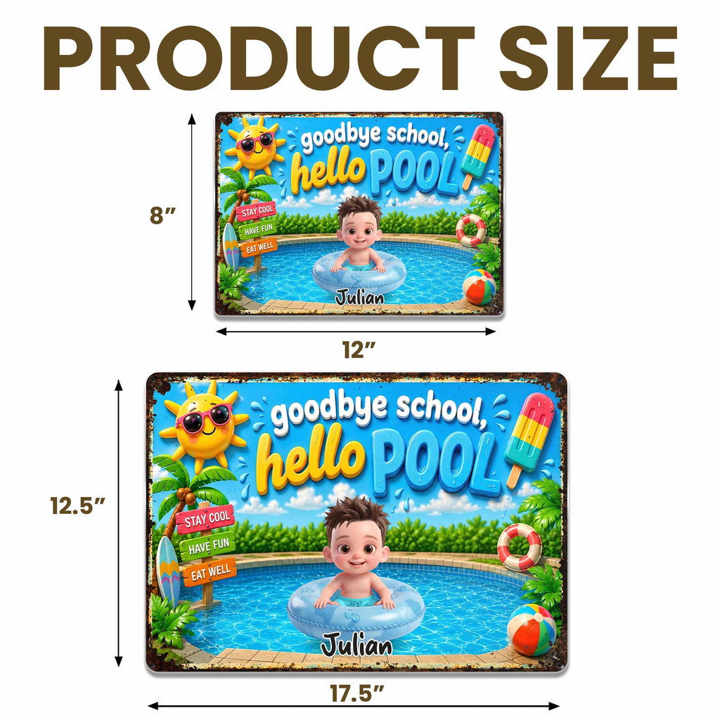 Personalized Metal Sign Goodbye School Hello Pool Custom Name Gift for Kids Metal Sign GradoCreations