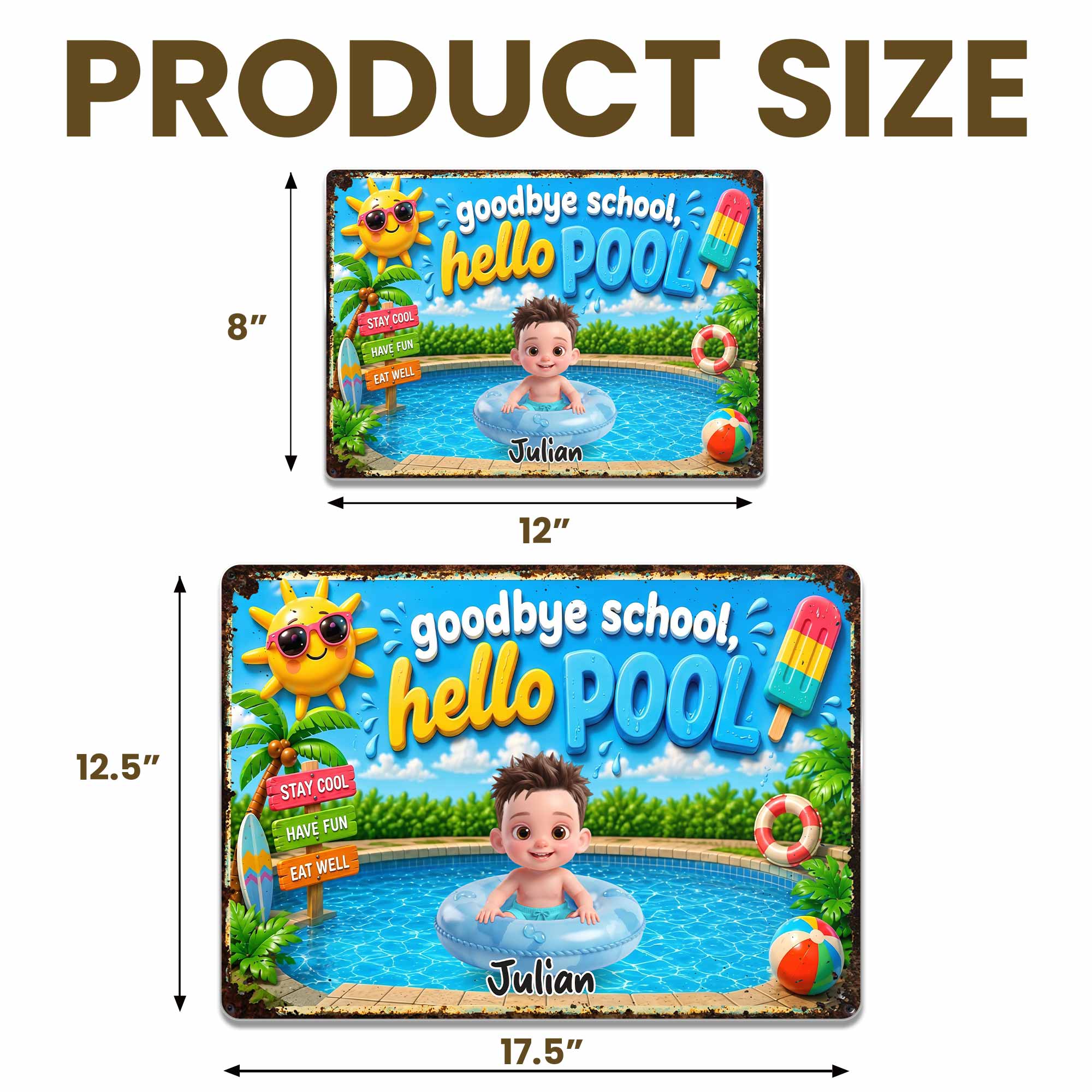 Personalized Metal Sign Goodbye School Hello Pool Custom Name Gift for Kids Metal Sign GradoCreations