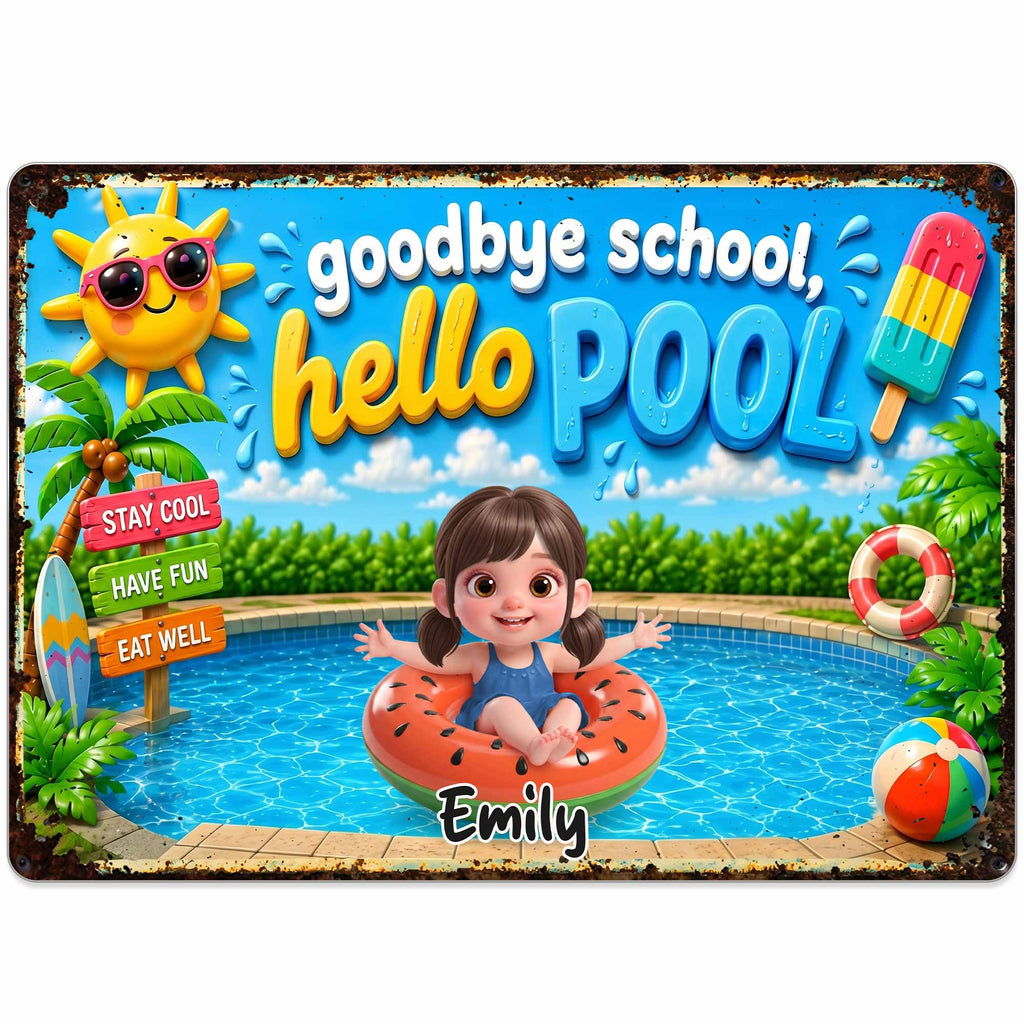 Personalized Metal Sign Goodbye School Hello Pool Custom Name Gift for Kids Metal Sign GradoCreations