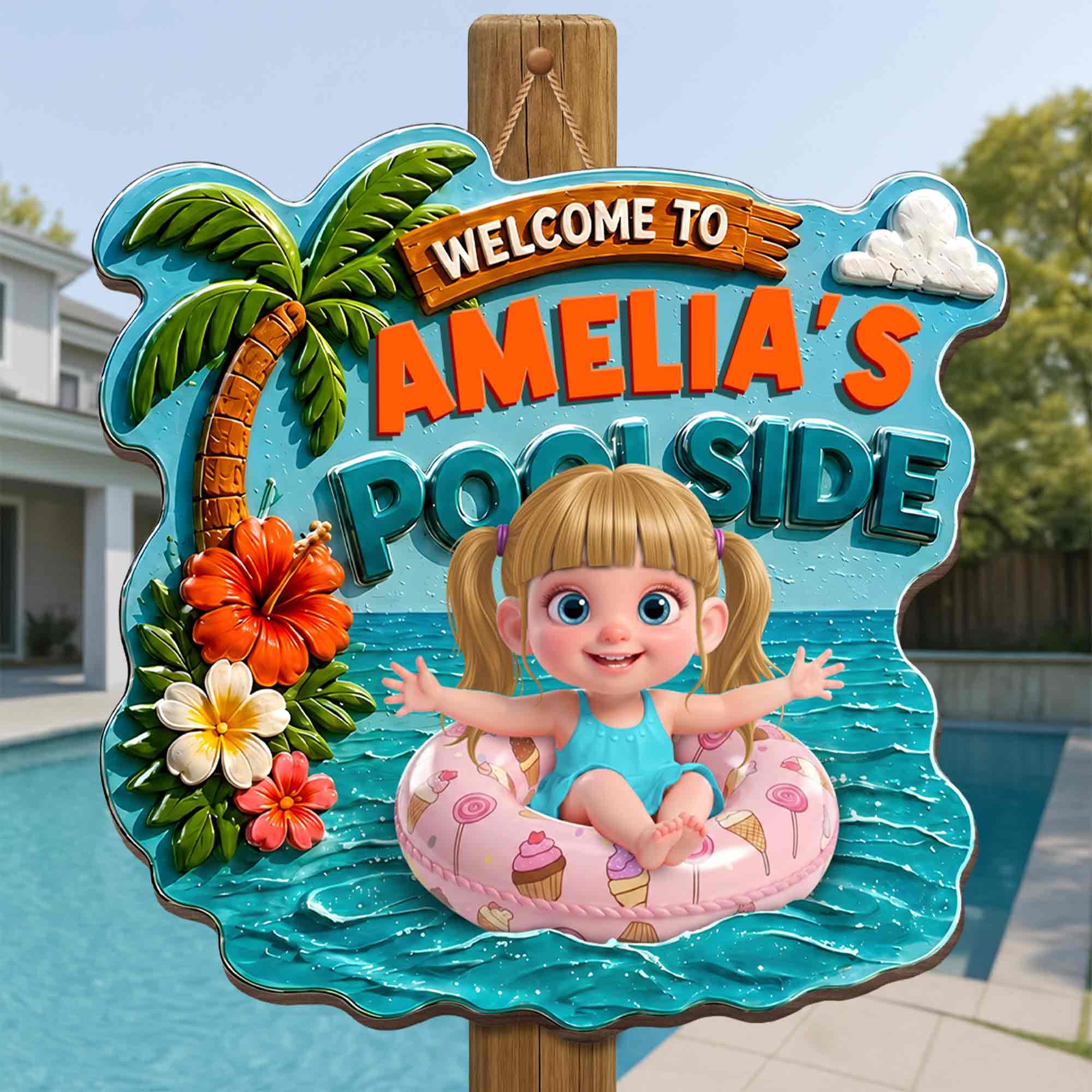 Personalized Custom Shaped Wood Sign Tropical Flower Poolside Decor Wood Sign GradoCreations