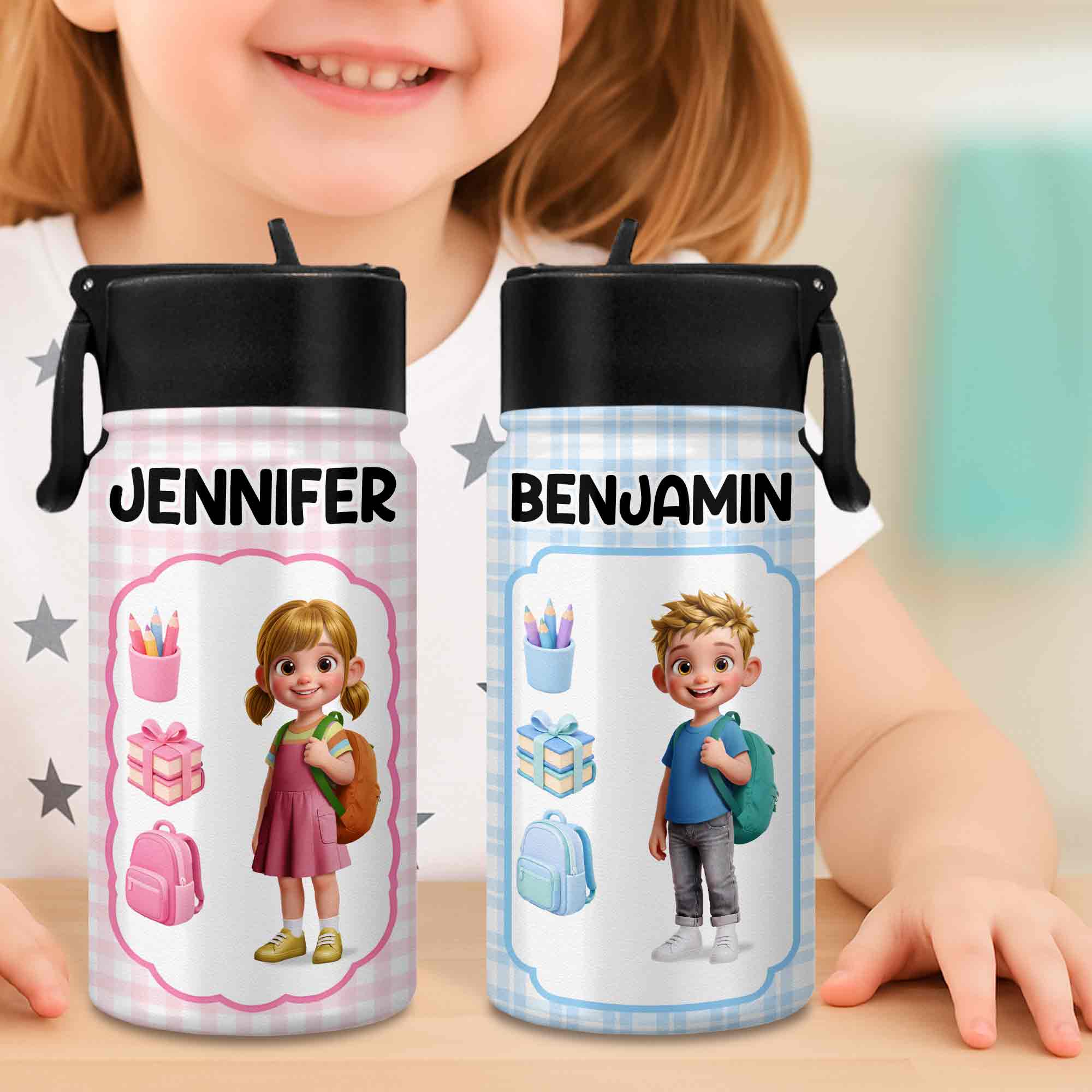 Personalized Kids Water Bottle Custom Name Foldable Straw BPA-Free Gift for Boys Kid Water Bottle GradoCreations