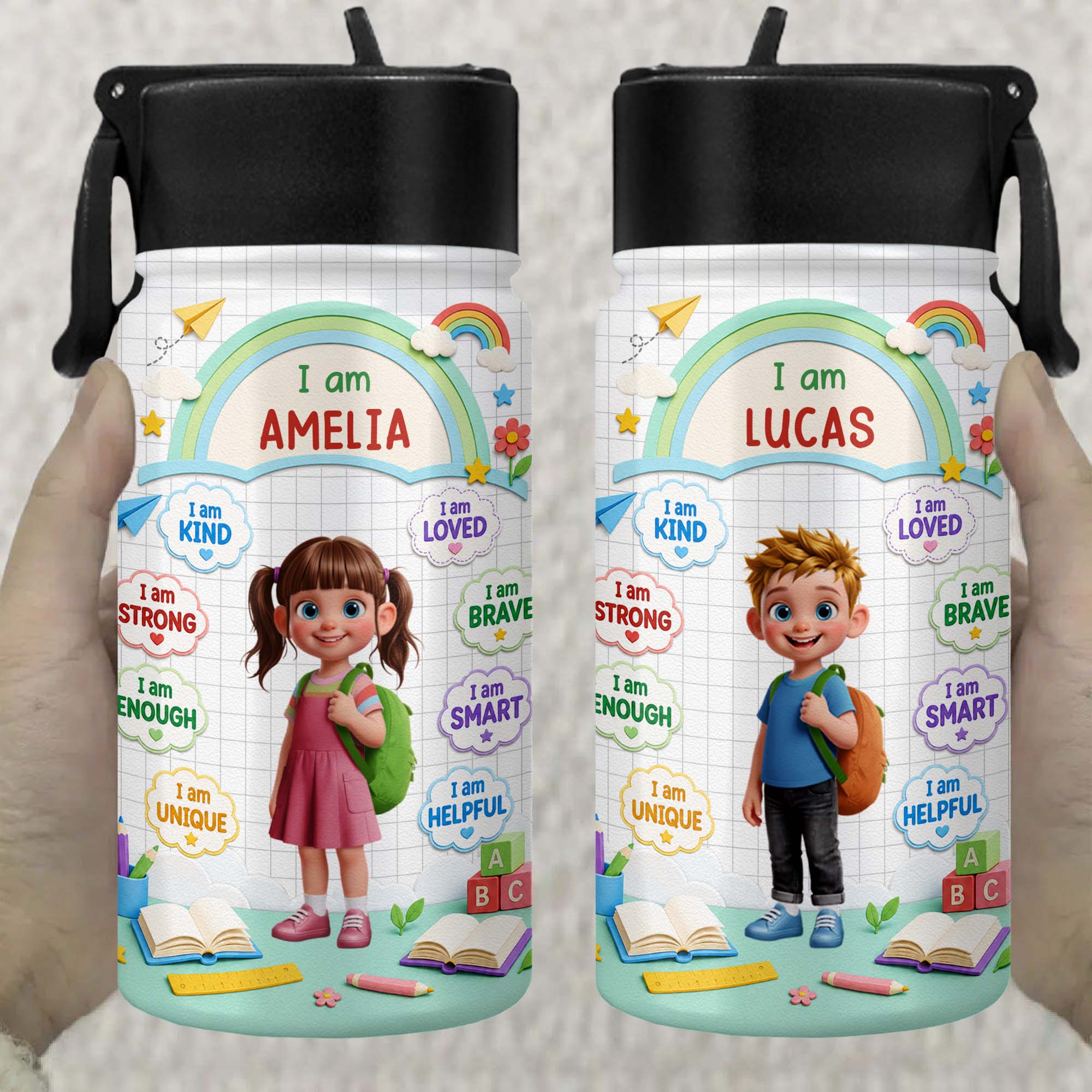 Personalized Kids Water Bottle Custom Name Straw Lid Gift Kid Water Bottle GradoCreations