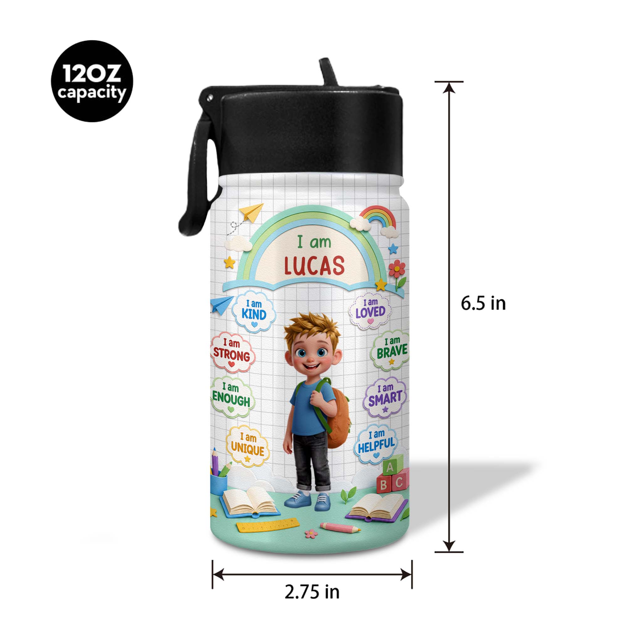 Personalized Kids Water Bottle Custom Name Straw Lid Gift Kid Water Bottle GradoCreations
