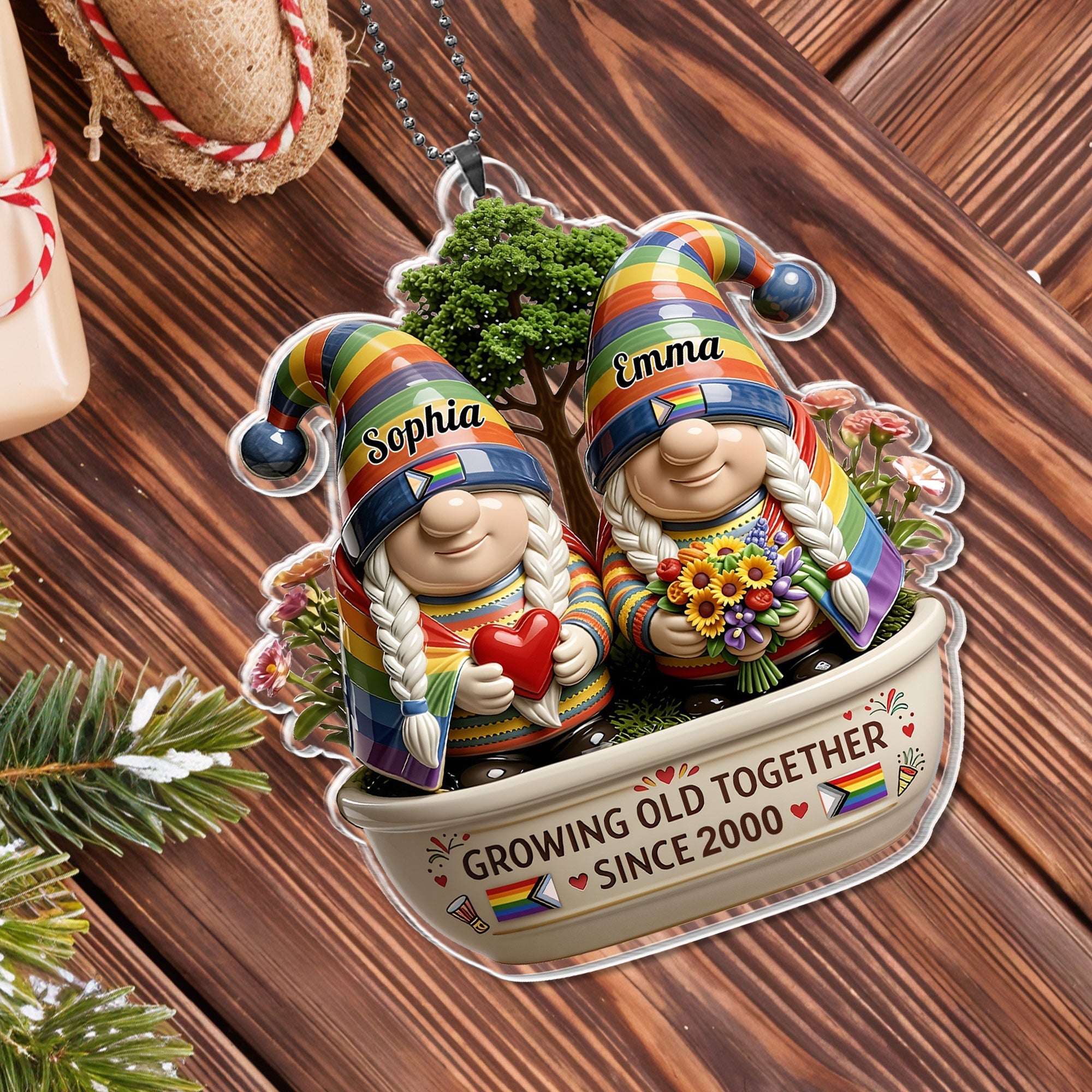 Personalized Rainbow Gnomes Acrylic Ornament Custom Gift for Couples Car Acrylic Ornament GradoCreations