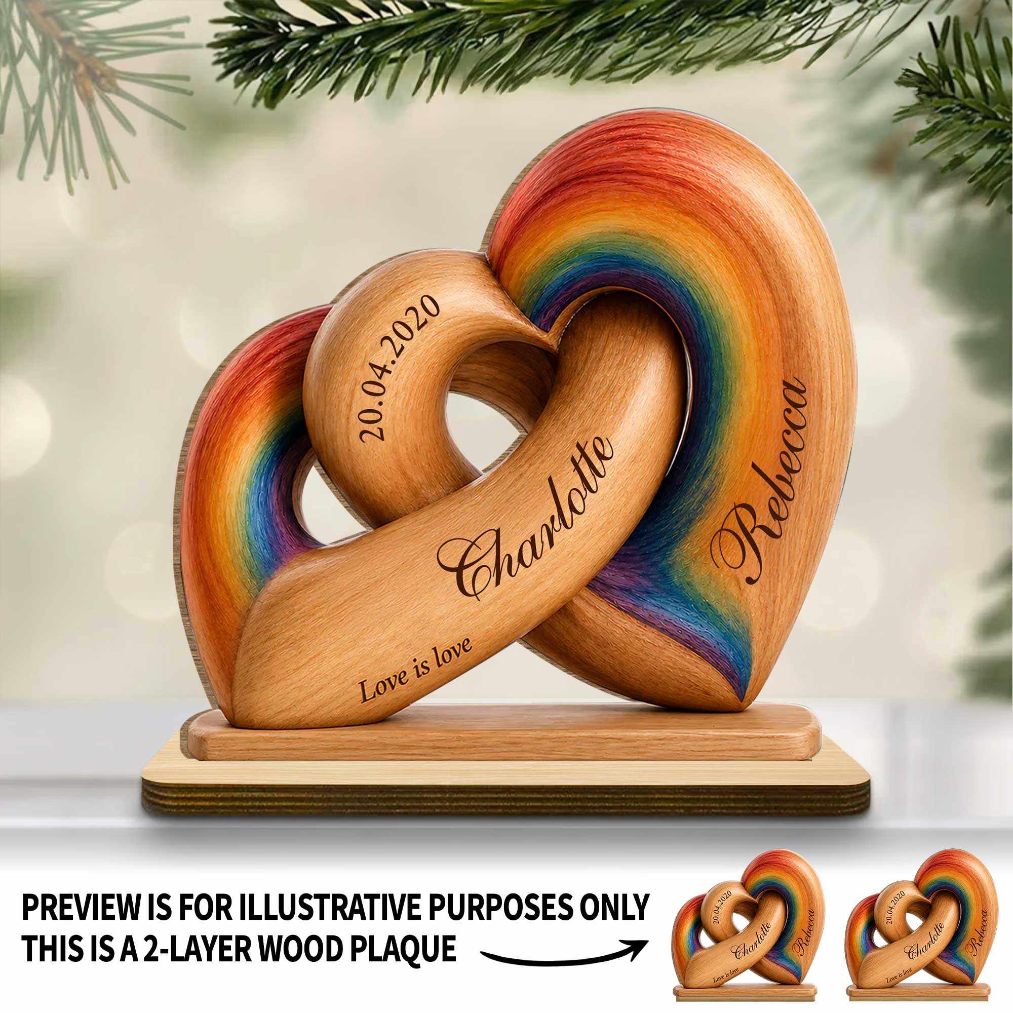 Personalized Intertwined Hearts Wood Plaque Custom Name LGBT Gift Wood Plaque GradoCreations