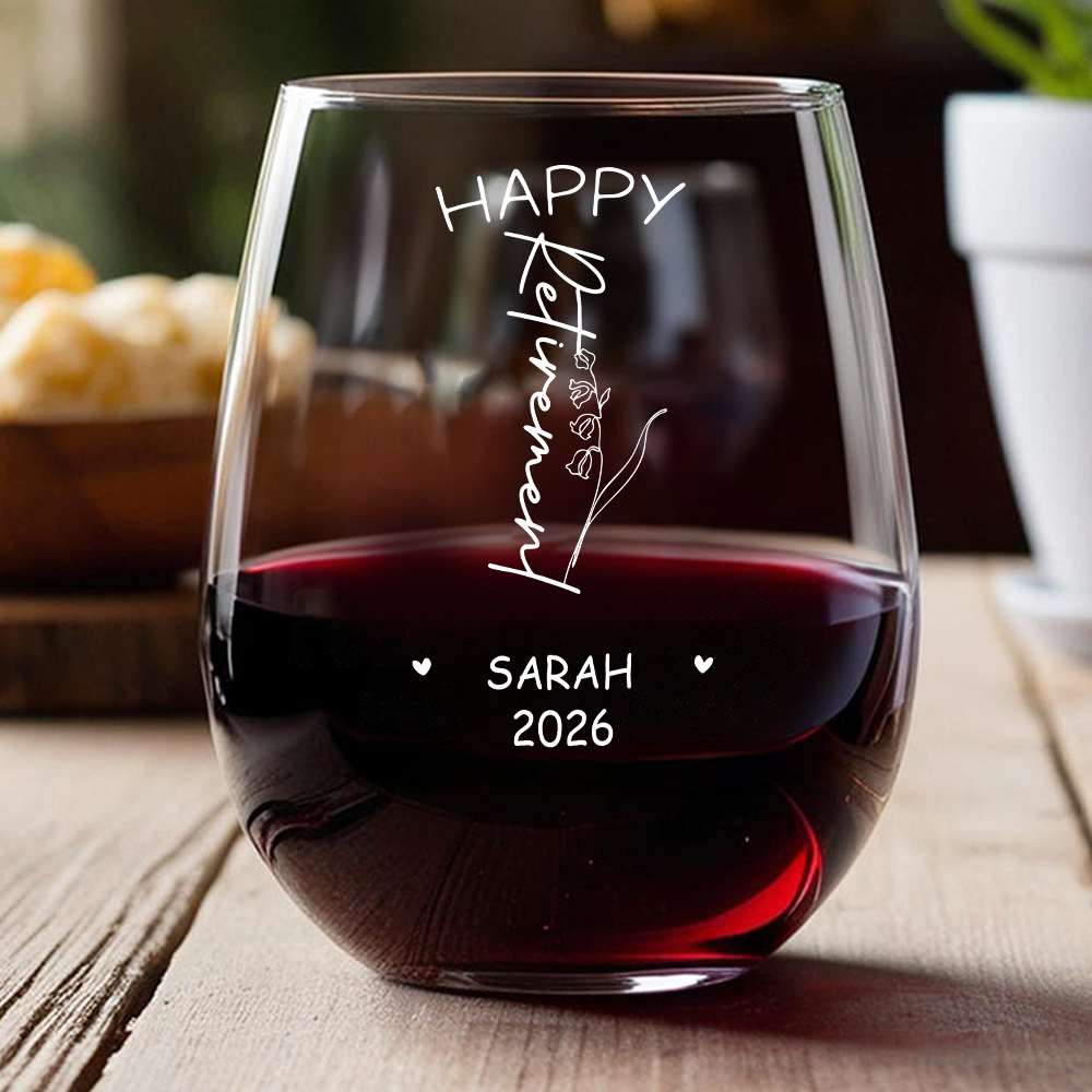 Personalized Stemless Wine Glass Custom Birth Month Flower Gift for Retirement HN590 - Stemless Wine Glass GradoCreations