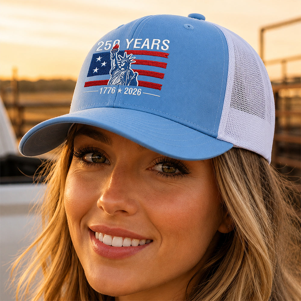 Personalized 250 Years Freedom Trucker Hat USA Gift HN590 - Embroidered Trucker Hat GradoCreations