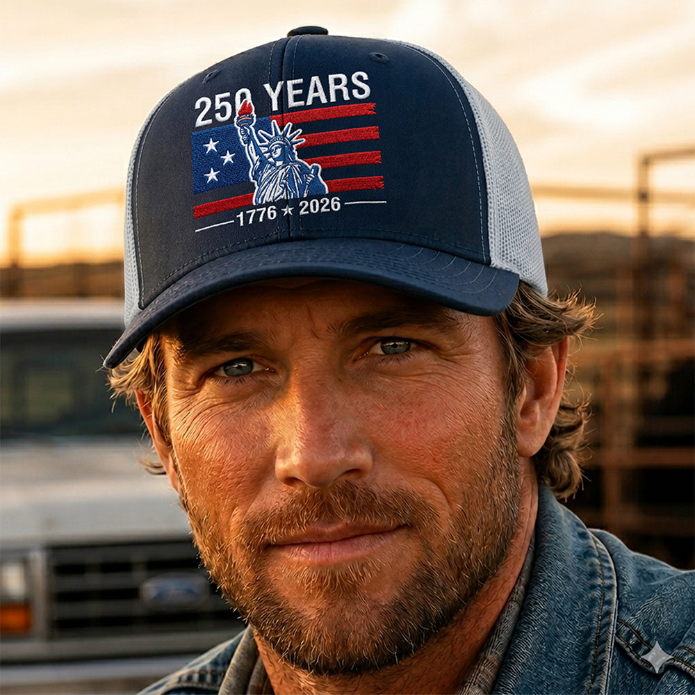 Personalized 250 Years Freedom Trucker Hat USA Gift HN590 - Embroidered Trucker Hat GradoCreations