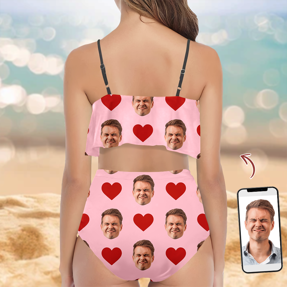 Custom Face Bikini Swimsuit with Heart Pattern Gift for Wife HN590 - Bikini Swimsuit GradoCreations
