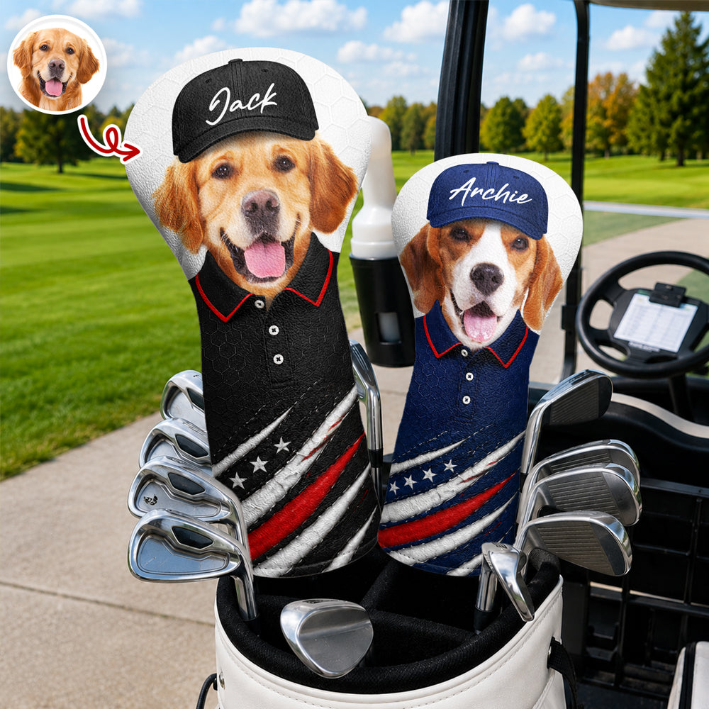 Personalized Pet Photo Golf Head Cover with American Flag Gift for Dog Dad HN590 - Golf Head Cover GradoCreations