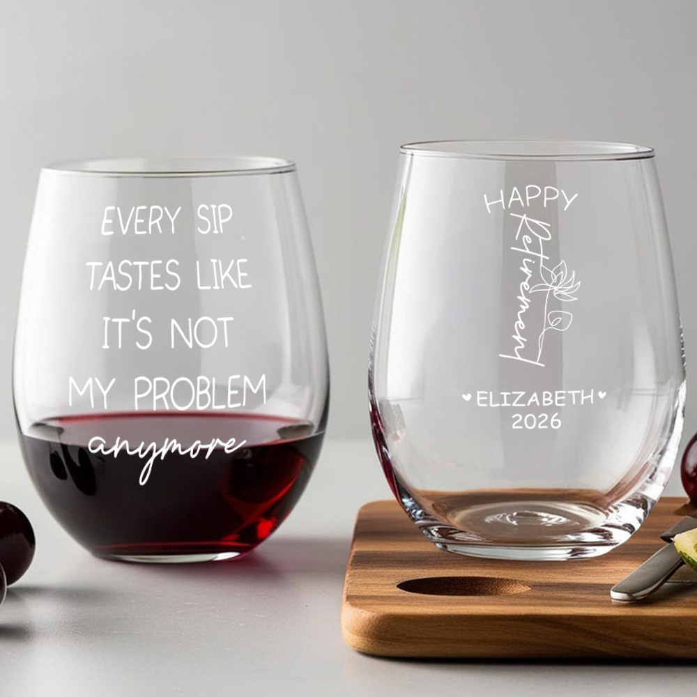 Personalized Stemless Wine Glass Custom Birth Month Flower Gift for Retirement HN590 - Stemless Wine Glass GradoCreations