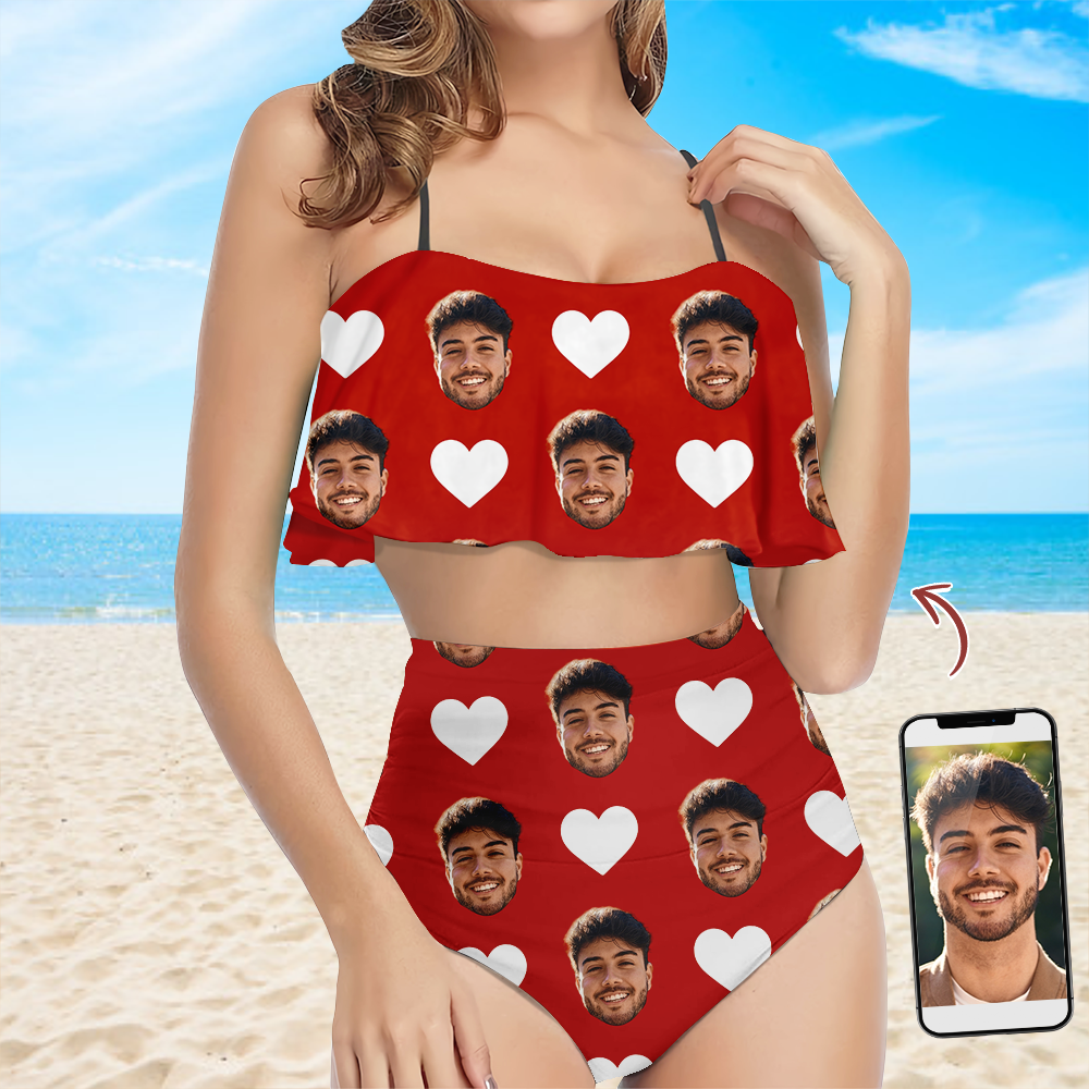 Custom Face Bikini Swimsuit with Heart Pattern Gift for Wife HN590 - Bikini Swimsuit GradoCreations