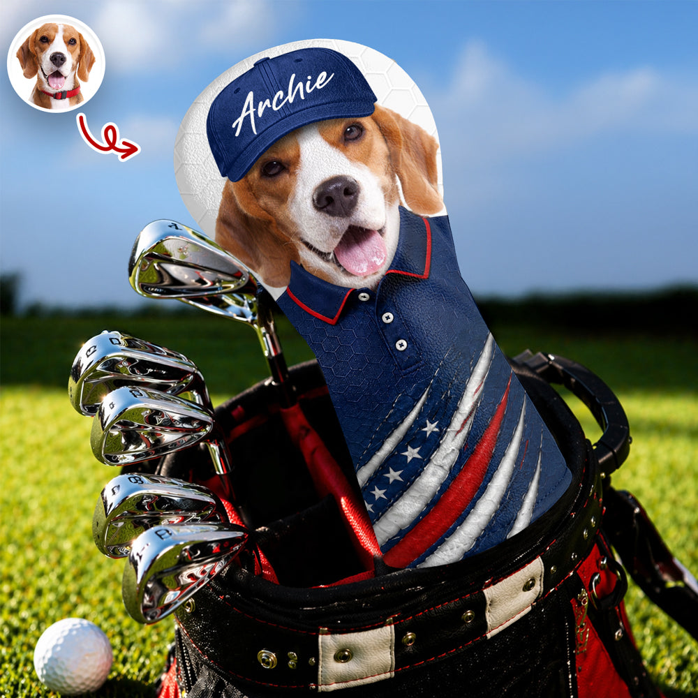 Personalized Pet Photo Golf Head Cover with American Flag Gift for Dog Dad HN590 - Golf Head Cover GradoCreations