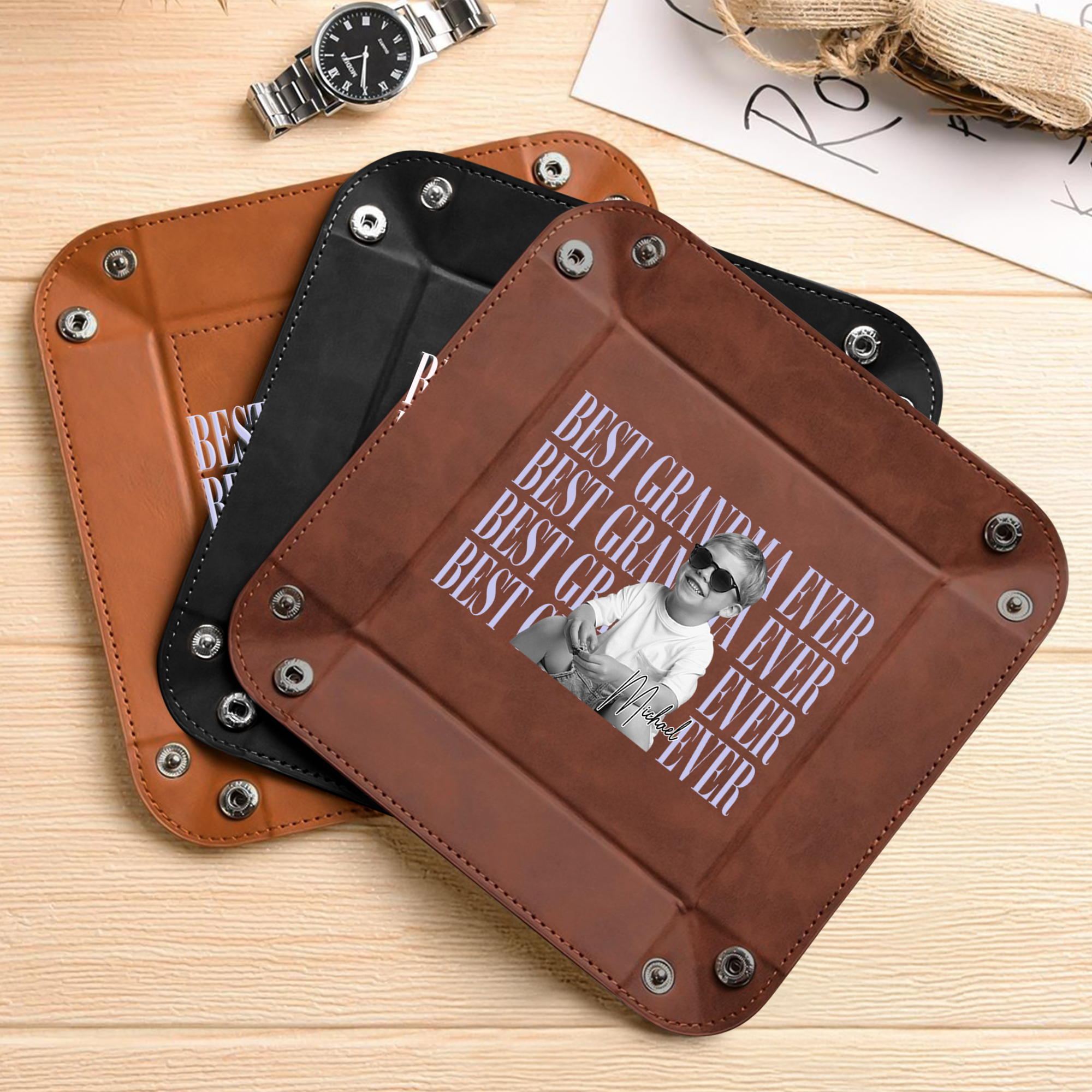 Personalized Leather Valet Tray Custom Photo Gift for Dad HN590 - Leather Valet Tray GradoCreations