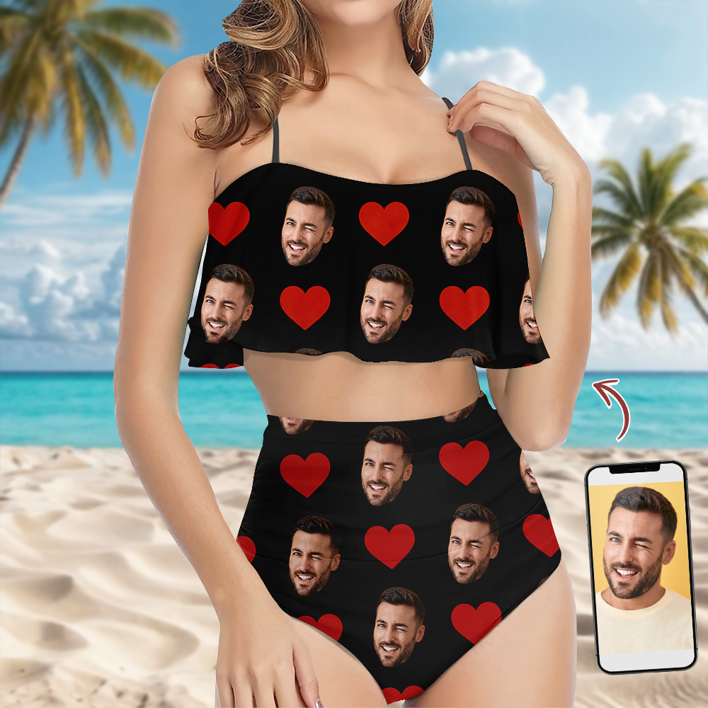 Custom Face Bikini Swimsuit with Heart Pattern Gift for Wife HN590 - Bikini Swimsuit GradoCreations