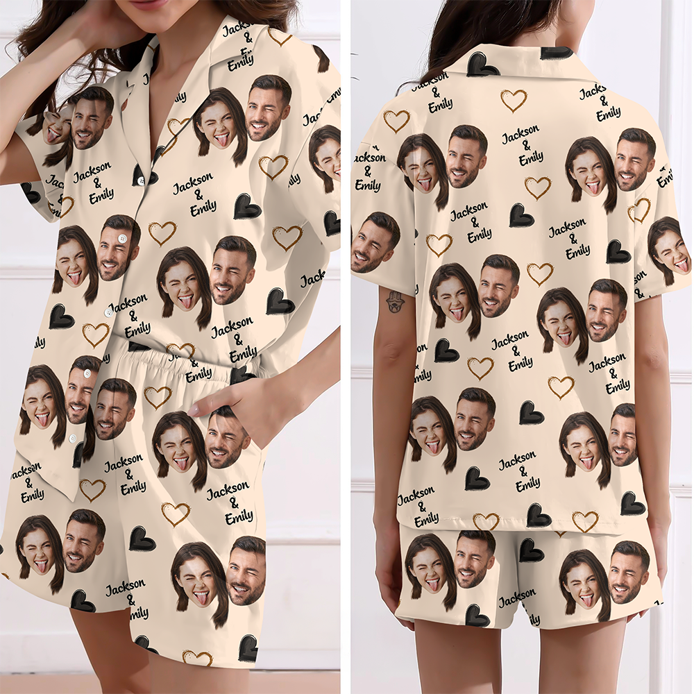 Personalized Short Pajama Set Custom Face Name Gift for Family HN590 - Short Pajamas GradoCreations