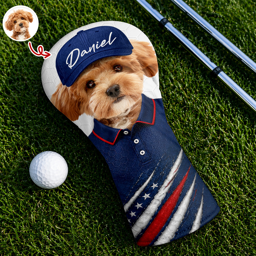 Personalized Pet Photo Golf Head Cover with American Flag Gift for Dog Dad HN590 - Golf Head Cover GradoCreations