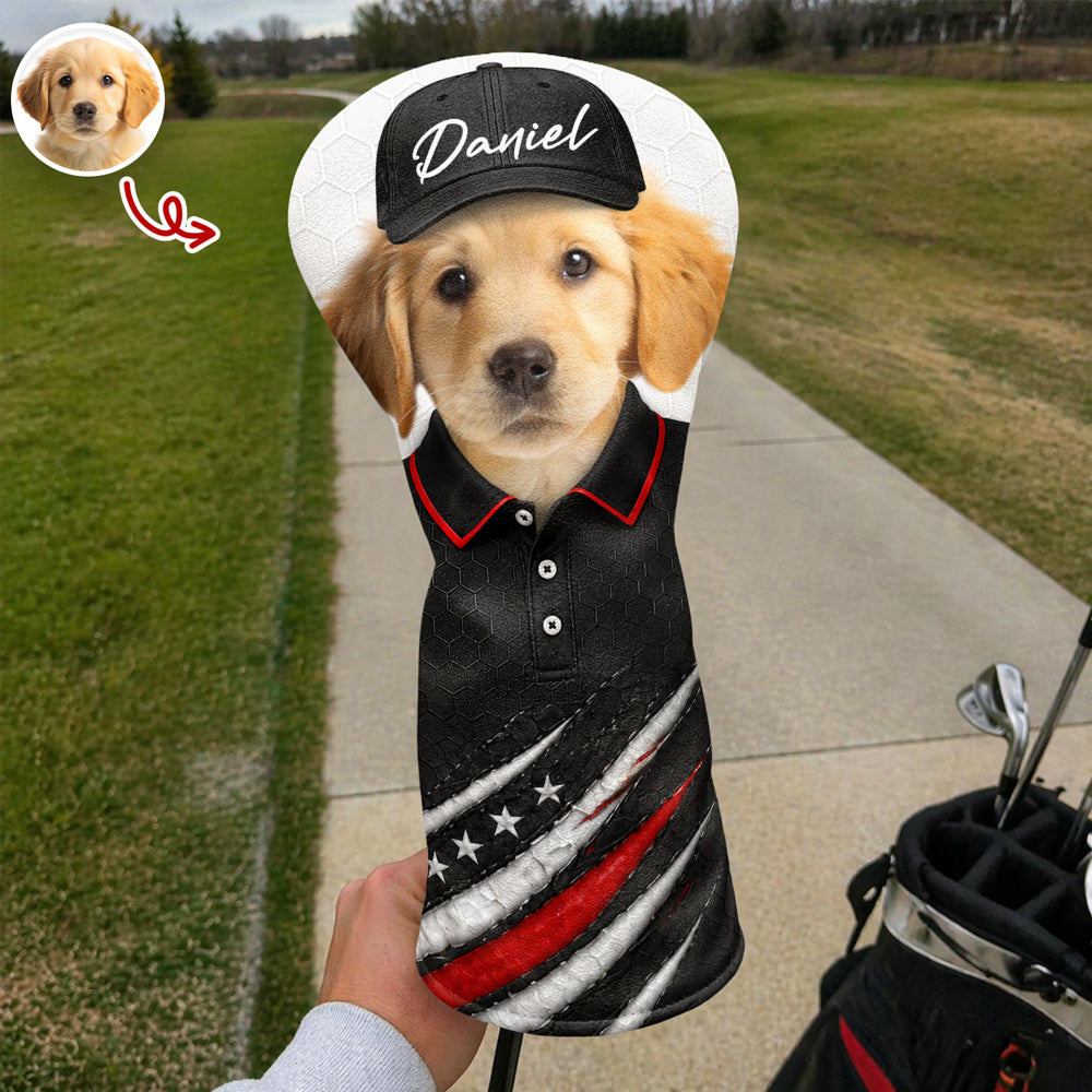 Personalized Pet Photo Golf Head Cover with American Flag Gift for Dog Dad HN590 - Golf Head Cover GradoCreations