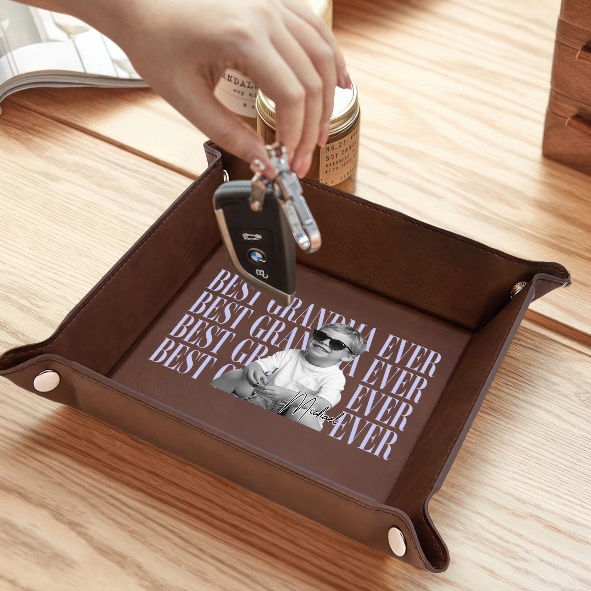 Personalized Leather Valet Tray Custom Photo Gift for Dad HN590 - Leather Valet Tray GradoCreations
