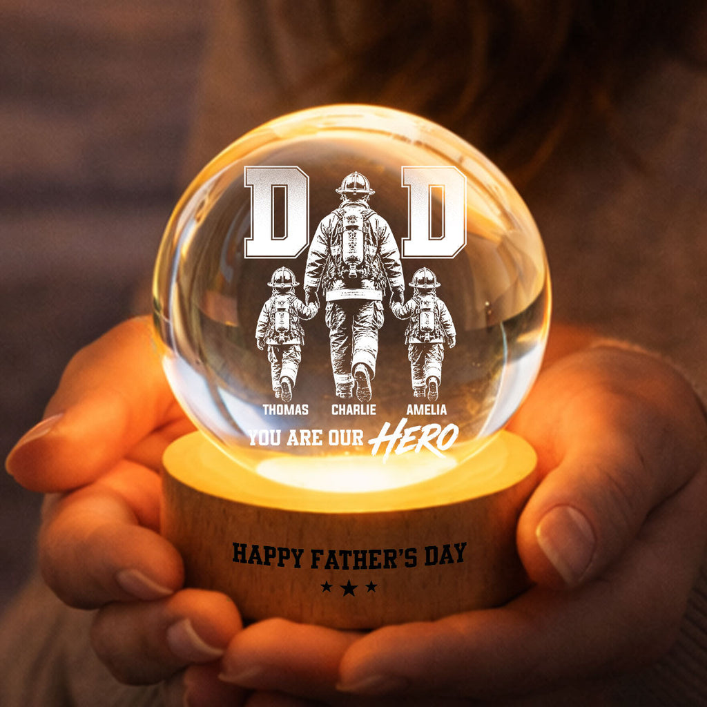 Personalized Firefighter Dad Crystal Globe Lamp Gift for Dad