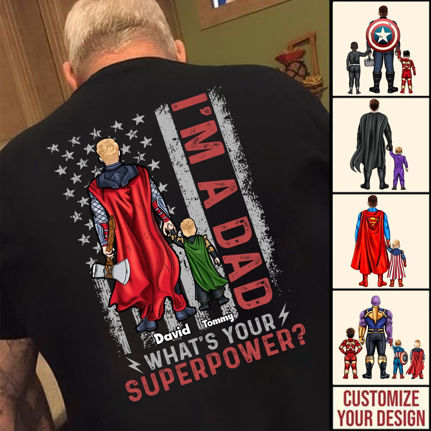 Personalized Superhero Dad T-Shirt with Custom Names - Father's Day Gift Cotton Apparel GradoCreations