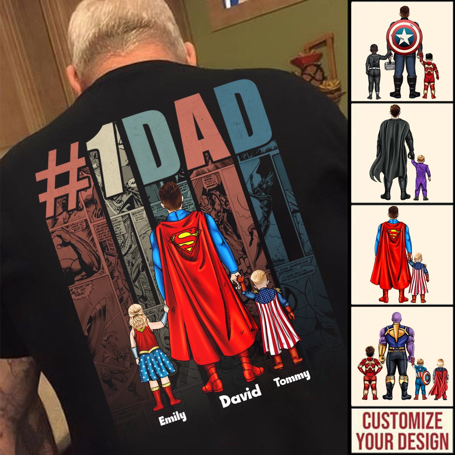 Personalized Super Hero Dad T-Shirt with Kids Names Gift for Father's Day Cotton Apparel GradoCreations