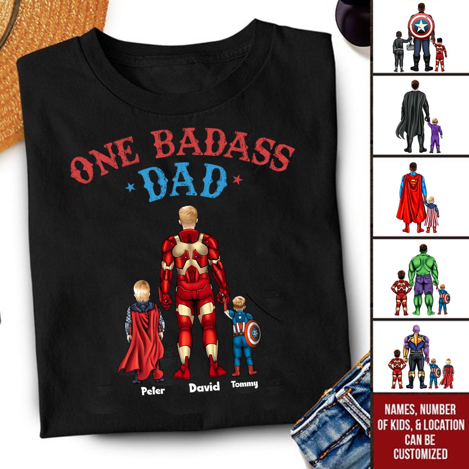 Personalized Superhero Dad T-Shirt Custom Names Gift for Father's Day Cotton Apparel GradoCreations