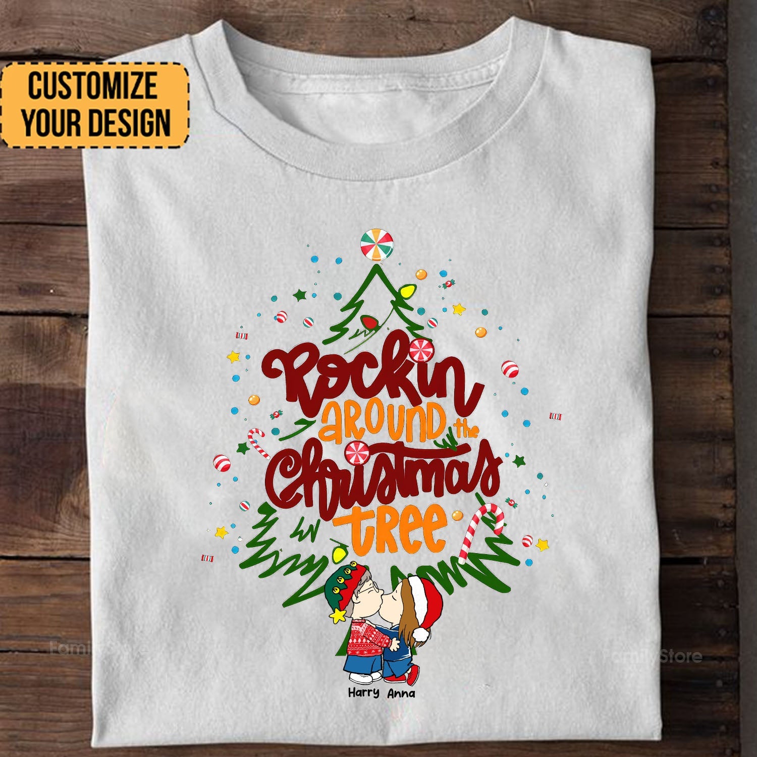 Personalized Rockin' Around The Christmas Tree Shirt for Couples