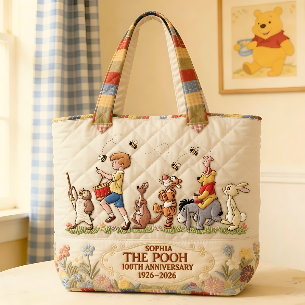 Personalized Quilted Tote Bag with Winnie the Pooh Design Gift for Movie Fans