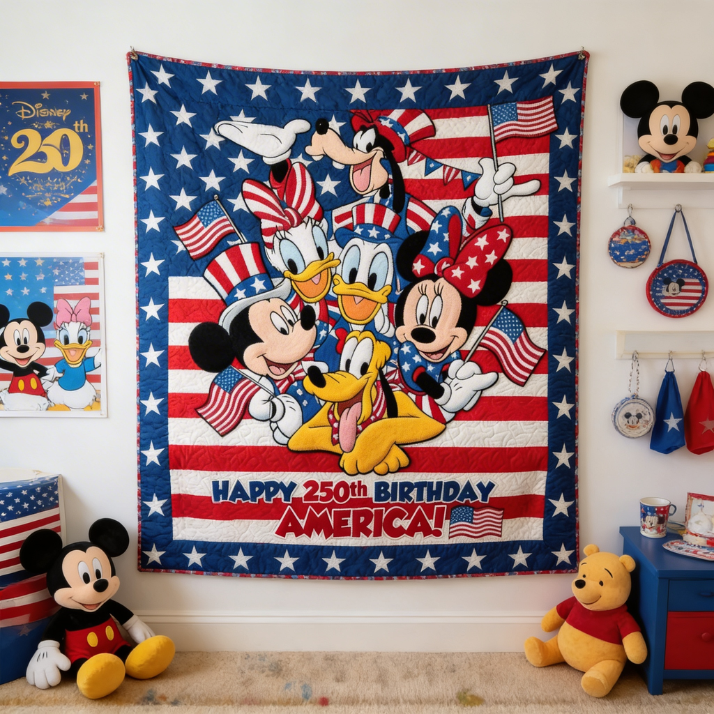 Personalized Patriotic Blanket Featuring Disney Characters – 250th Anniversary Gift for Family and Movie Fans