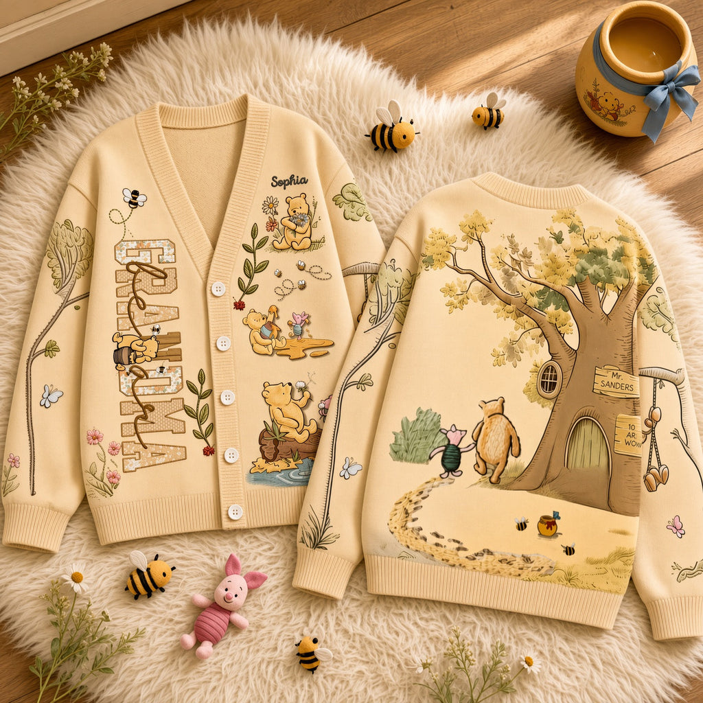 Personalized Honey Bear Knit Cardigan Custom Name Gift for Grandma Mom Cardigan GradoCreations