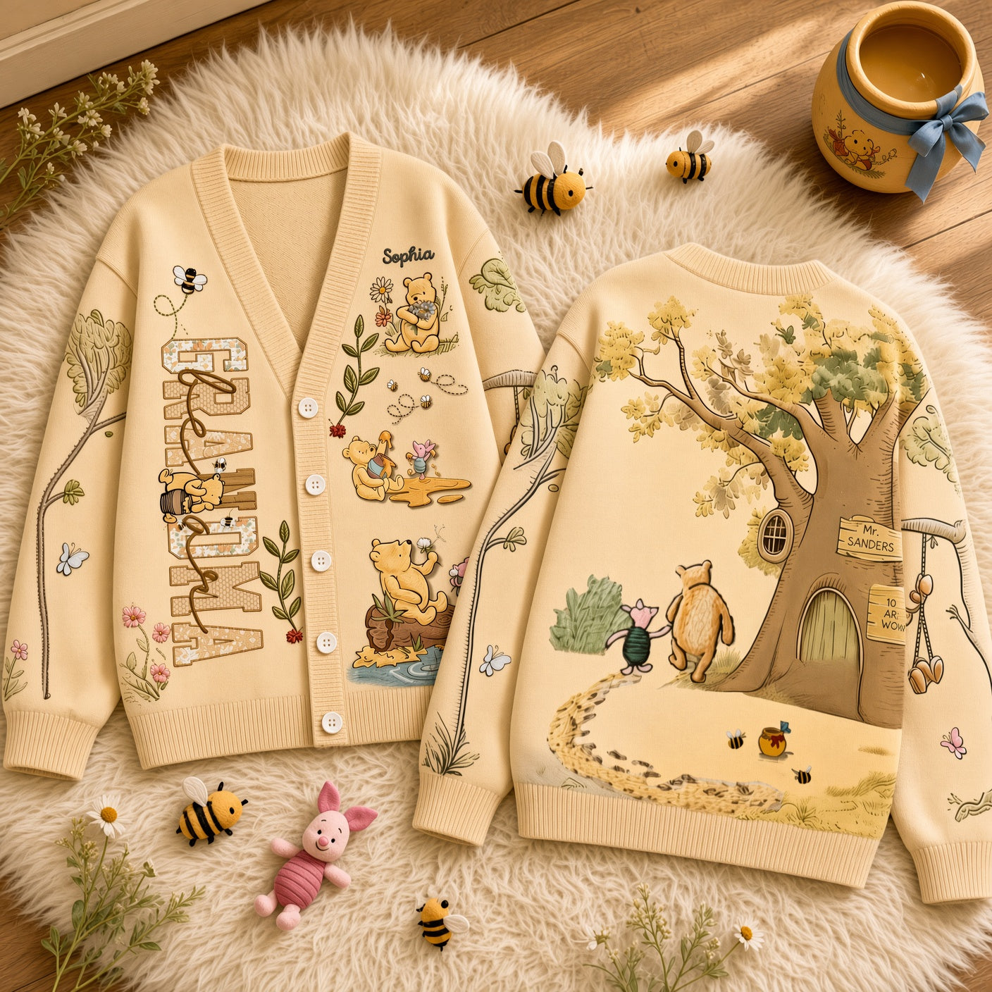 Personalized Honey Bear Knit Cardigan Custom Name Gift for Grandma Mom Cardigan GradoCreations
