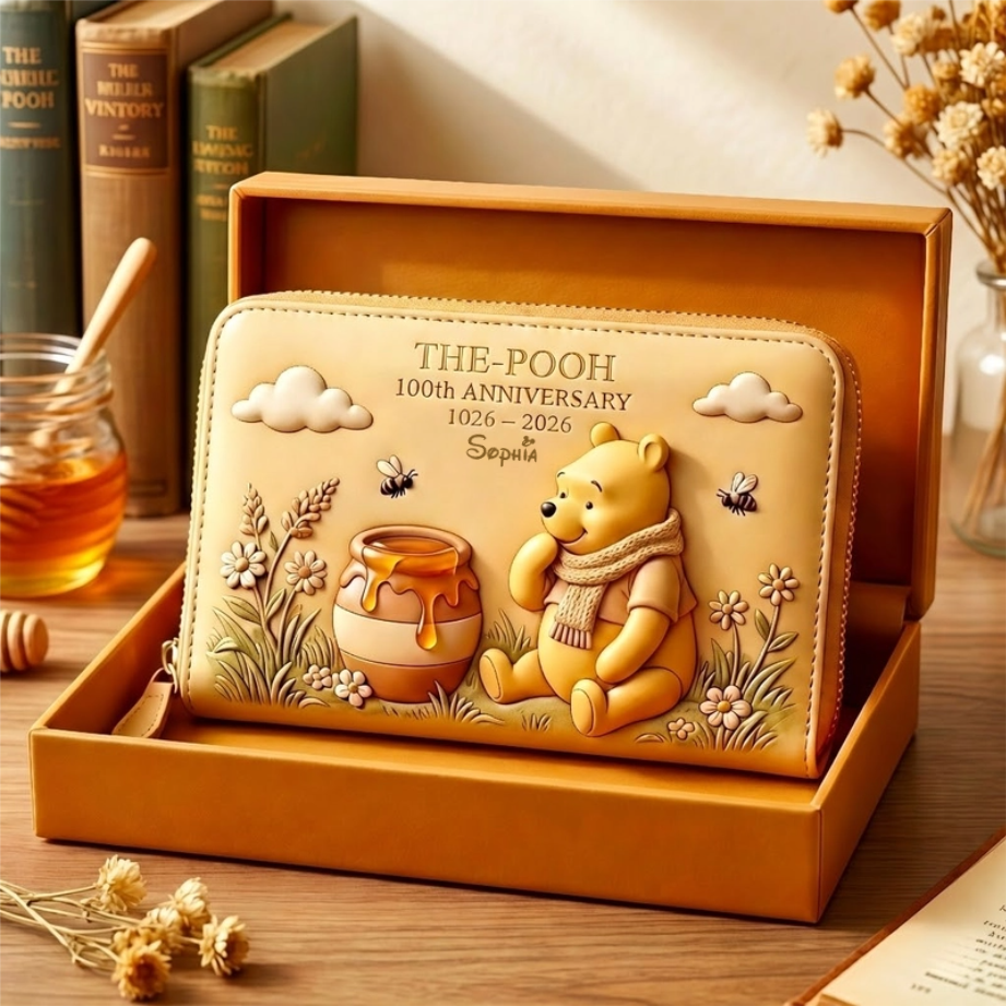 Personalized Pooh 100th Anniversary Leather Wallet Set Gift for Fans