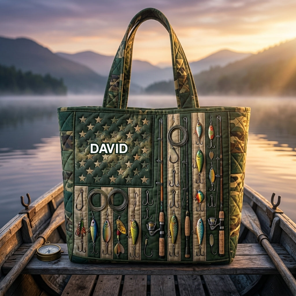 Personalized Camo American Flag Fishing Tote Bag Gift for Him