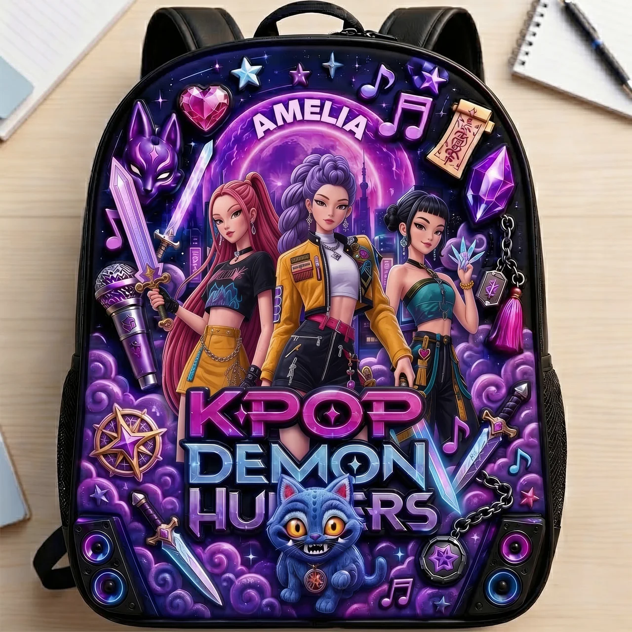 Personalized Kpop Demon Hunters Backpack Set with Lunch Bag, Pencil Case & Water Bottle for Kids School Bag+ GradoCreations