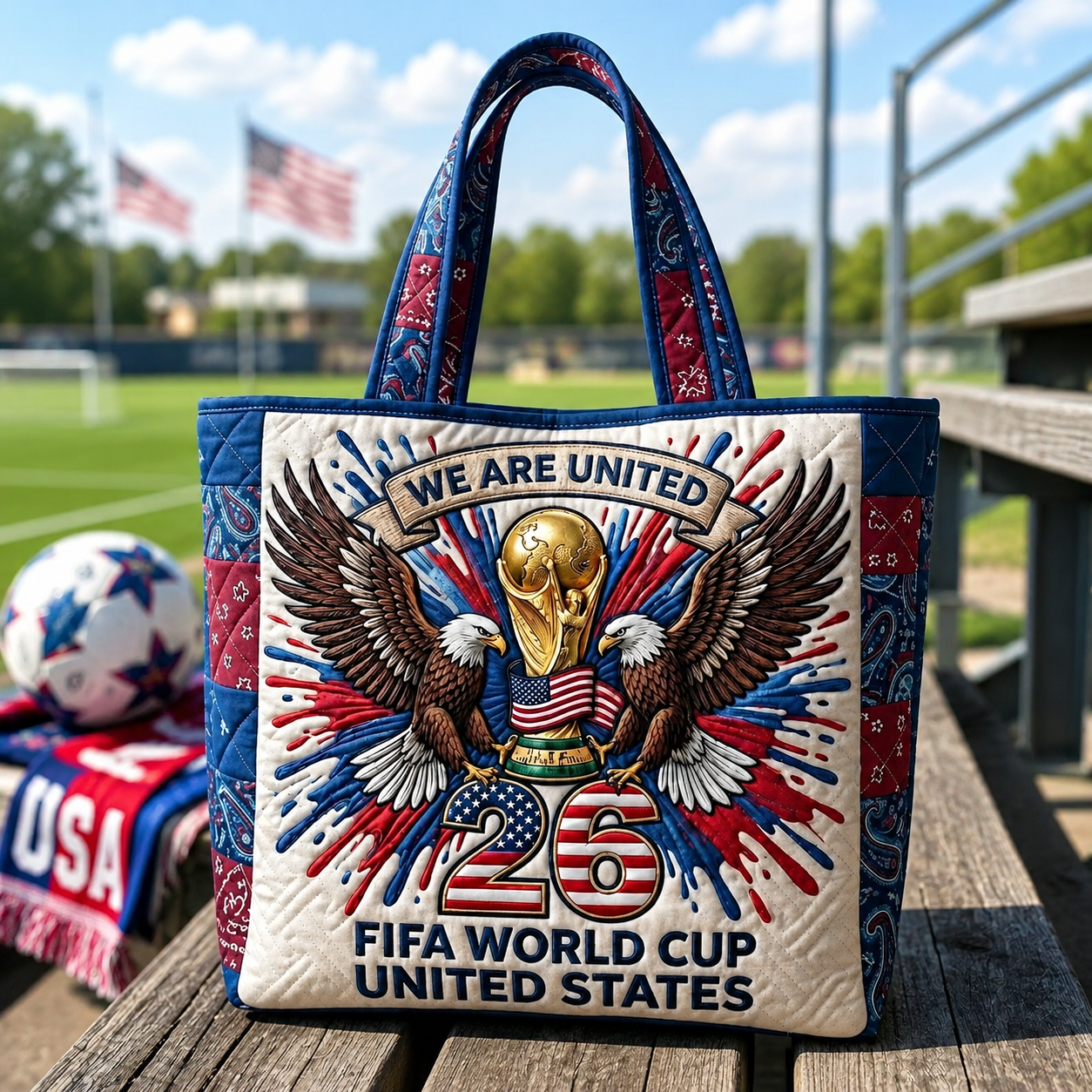 Patriotic Quilted Tote Bag 2026 FIFA World Cup Eagle Gift for Soccer Fans