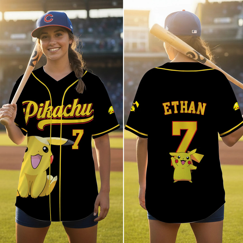 Personalized Baseball Jersey with Pikachu for Kids and Adults - Custom Gift for Movie Fans