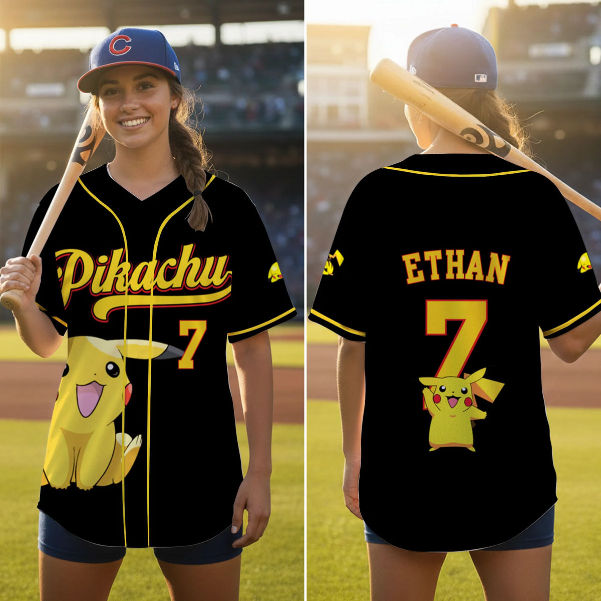 Personalized Baseball Jersey with Pikachu for Kids and Adults - Custom Gift for Movie Fans