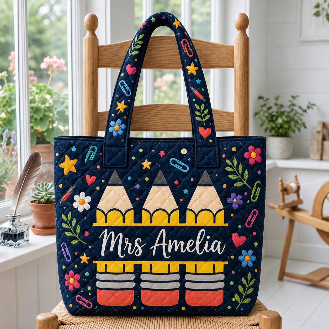Personalized Quilted Tote Bag with Teacher Pencil Design Gift for Educators