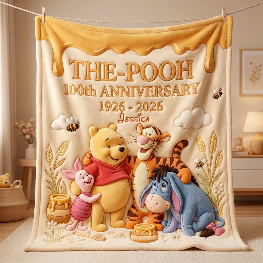 Personalized Winnie the Pooh Anniversary Blanket Gift for Kids