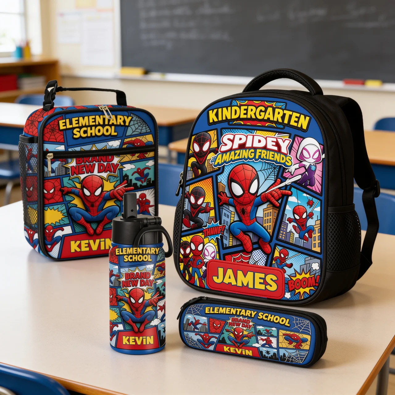 Personalized Spidey Backpack Set with Lunch Bag & Water Bottle for Kids School Bag+ GradoCreations