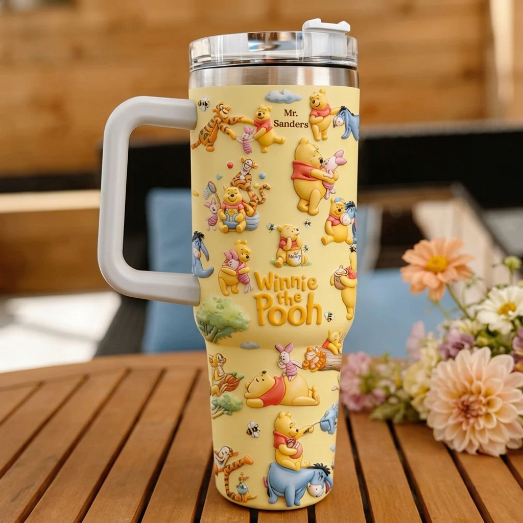 Personalized Winnie the Pooh Tumbler with Handle - Gift for Movie Fans
