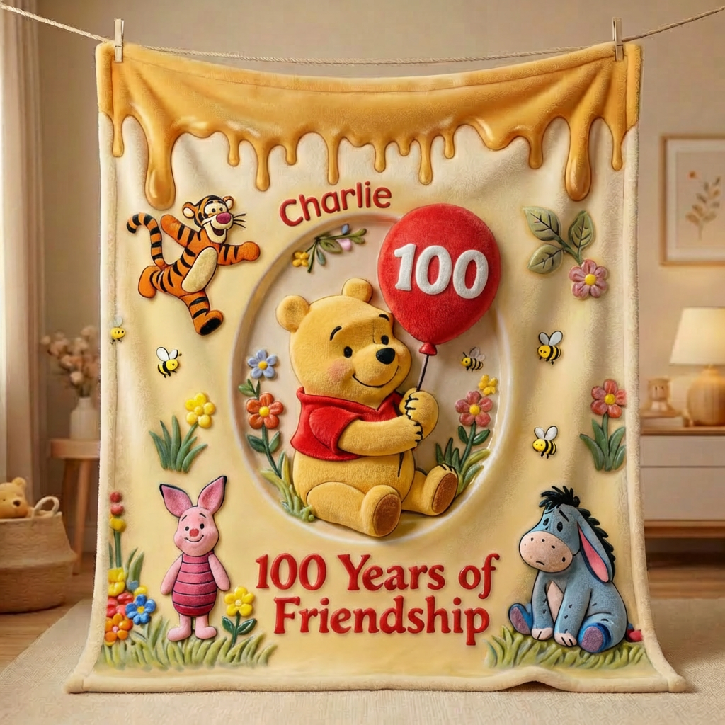 Personalized Winnie the Pooh Blanket 100 Years of Friendship Gift for Movie Fans