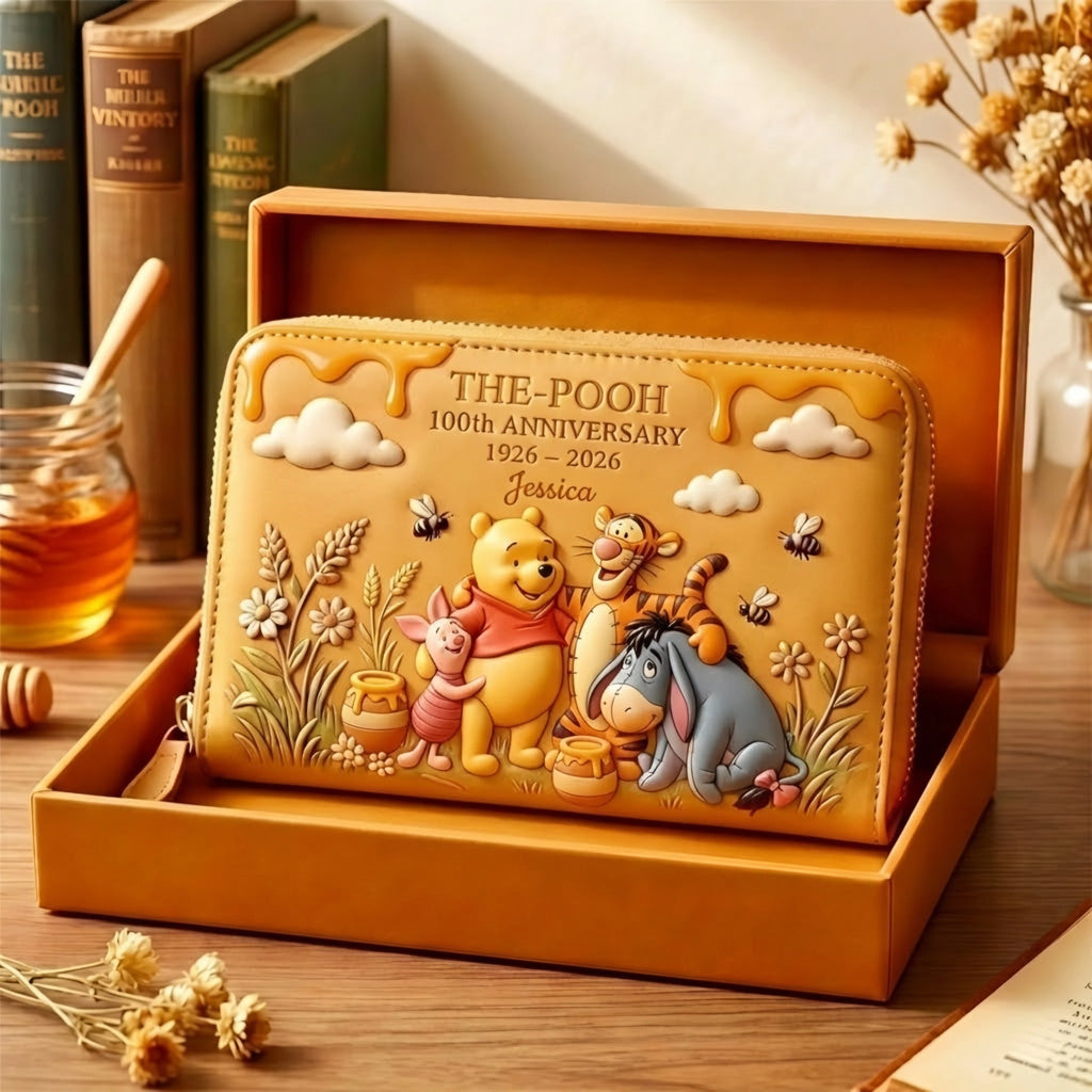 Personalized Leather Long Wallet Pooh Anniversary Gift for Her