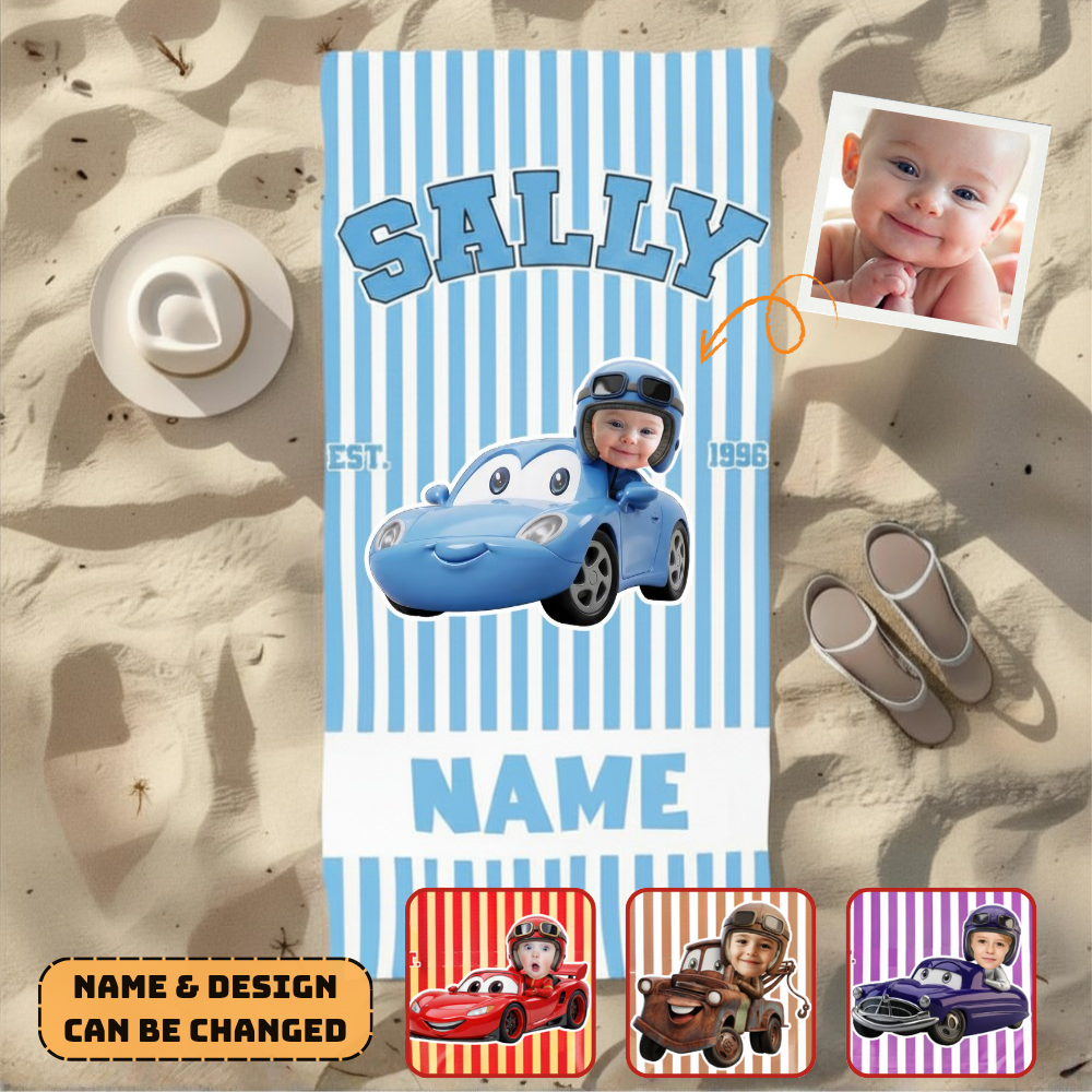 Personalized Cartoon Racing Car Beach Towel Custom Name Gift for Kids